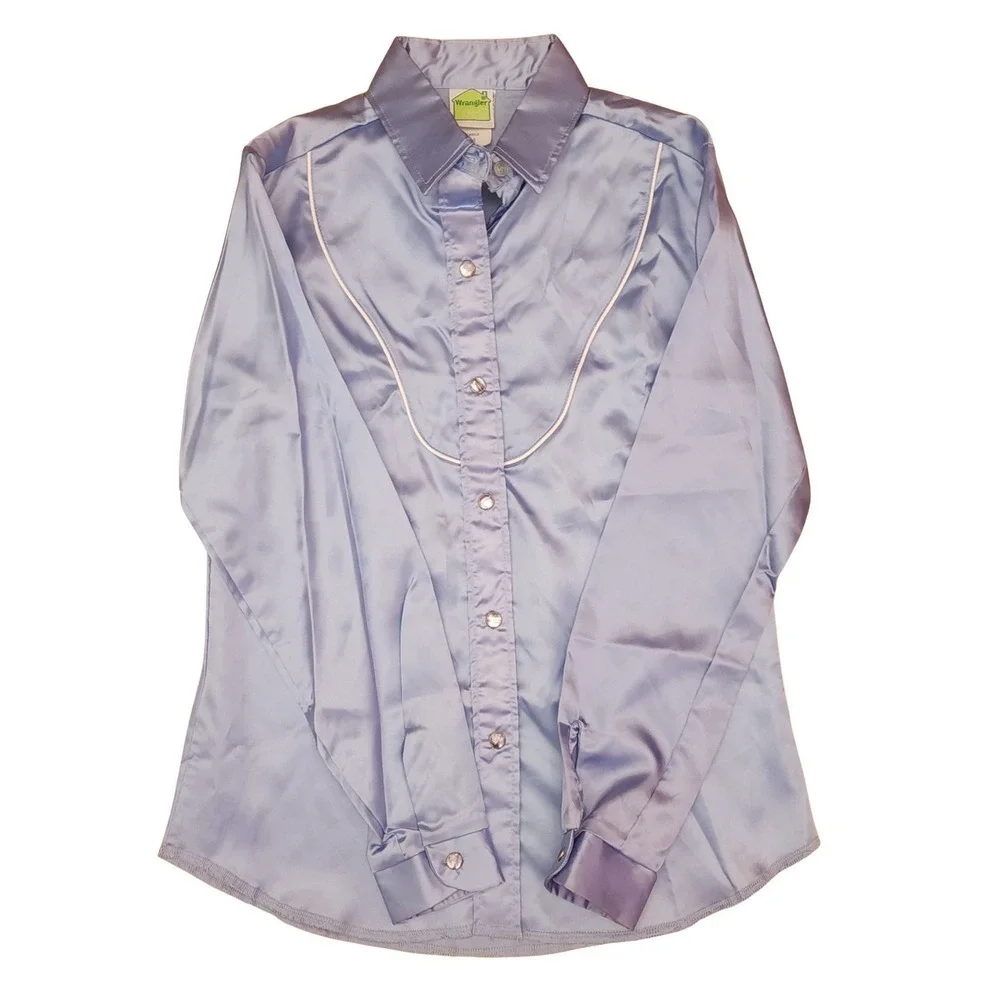 Wrangler Satin Western Shirt‎ Periwinkle Blue Pearl Snaps Girls Size 14 Vintage